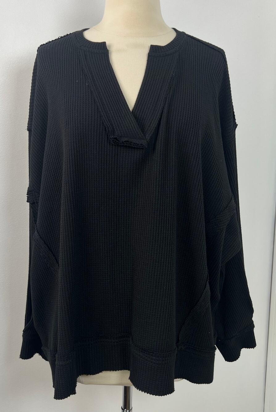 POL Women's Black Pullover Top Oversized Boxy Lagenlook Boho Waffle-Knit Size M